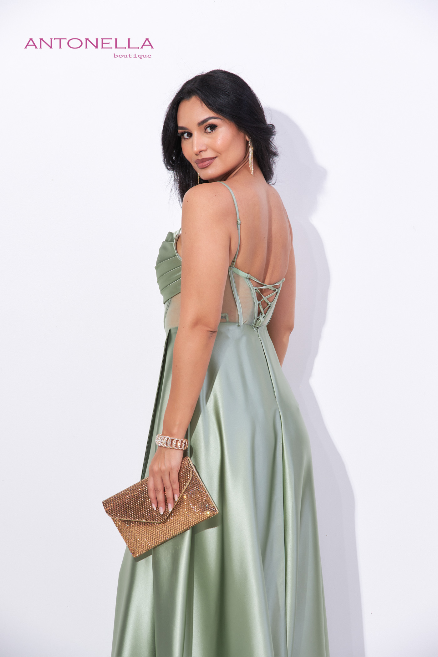 Vestido Gala Olivo Transparencia Satin – foto 4